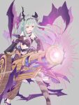  1girl aiming blue_hair breasts cannon chaos_aurora_(grimms_notes) detached_sleeves dress fighting_stance grey_background grimms_notes hair_ribbon highres holding holding_weapon hrmk_chicken long_hair midriff open_mouth red_eyes ribbon simple_background single_sock smile socks solo thorns weapon 