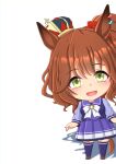  1girl 2-butani :3 absurdres animal_ears aston_machan_(umamusume) black_footwear blue_shirt blush brown_hair chibi commentary_request crown full_body green_eyes hair_between_eyes hair_ornament hair_scrunchie hand_up highres horse_ears horse_girl horse_tail looking_at_viewer mini_crown open_mouth pleated_skirt ponytail purple_skirt purple_thighhighs red_scrunchie school_uniform scrunchie shirt shoes simple_background skirt smile solo tail thigh-highs tilted_headwear tracen_school_uniform umamusume white_background 