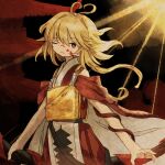  1other androgynous antenna_hair arm_ribbon armor black_background blonde_hair blood blood_on_face bow_(weapon) breastplate cape closed_mouth commentary cowboy_shot expressionless heart heart_antenna_hair heart_in_eye highres holding holding_bow_(weapon) holding_weapon japanese_clothes kimono len&#039;en long_hair looking_at_viewer low_twintails one_eye_closed ooama_no_ake_no_mitori other_focus outdoors pagoda red_cape red_kimono red_ribbon retrochaossan ribbon single_bare_arm sleeveless sleeveless_kimono solo sunlight symbol_in_eye twintails two-sided_cape two-sided_fabric weapon white_cape yellow_eyes 