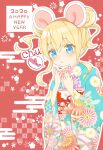  1girl 2020 alice_cartelet alternate_costume alternate_hairstyle animal_ear_fluff animal_ears bands blonde_hair blue_eyes blunt_bangs blush chinese_zodiac double_bun egasumi english_text fingernails fireworks_print floral_print_kimono furisode hair_between_eyes hair_bun hands_up happy_new_year head_tilt highres japanese_clothes kimono kin-iro_mosaic long_hair looking_at_viewer mouse_ears new_year obi print_kimono red_background ribbon sash sidelocks solo upper_body wide_sleeves yamadin 