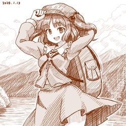  1girl :d arm_behind_back backpack bag clouds commentary_request cowboy_shot dated flat_cap greyscale hair_bobbles hair_ornament hat kawashiro_nitori key long_sleeves looking_at_viewer monochrome mountainous_horizon nokimenayu open_mouth outdoors shirt sketch skirt smile solo teeth touhou two_side_up upper_teeth_only 