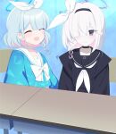  2girls :d arona_(blue_archive) black_choker black_coat black_eyes black_hairband black_sailor_collar black_serafuku blue_archive blue_hair blush bow bowtie braid choker closed_eyes coat colored_inner_hair commentary_request desk eko hair_bow hair_over_one_eye hairband halo highres light_blue_hair long_hair medium_hair multicolored_hair multiple_girls neckerchief open_clothes open_coat pink_hair plana_(blue_archive) red_pupils sailor_collar school_desk school_uniform serafuku single_braid smile sweatdrop white_bow white_bowtie white_choker white_hair white_neckerchief white_sailor_collar 