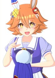  +_+ 1girl 2-butani :d absurdres animal_ears blush bow bowtie breasts commentary_request daruma_doll ear_covers hair_between_eyes hair_ornament highres holding_orb horse_ears horse_girl looking_at_viewer matikanefukukitaru_(umamusume) medium_breasts open_mouth orange_hair orb pleated_skirt school_uniform short_hair simple_background single_ear_cover skirt smile solo summer_uniform tracen_school_uniform umamusume upper_body white_background white_skirt yellow_eyes 