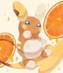  :3 alolan_raichu blue_eyes closed_mouth colored_skin commentary food fruit highres iwasi_29 no_humans orange_(fruit) orange_skin orange_slice pokemon pokemon_(creature) simple_background sparkle symbol-only_commentary tail white_background 