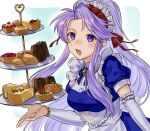  1girl :d abinosu0903 blue_dress cake cake_slice dress fire_emblem fire_emblem:_genealogy_of_the_holy_war fire_emblem_heroes food food_request headdress long_hair looking_at_viewer official_alternate_costume open_mouth ponytail purple_hair sidelocks smile solo tailtiu_(fire_emblem) tailtiu_(tea_party)_(fire_emblem) teeth tiered_tray upper_body upper_teeth_only very_long_hair violet_eyes 