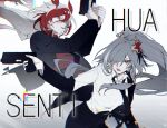  2girls alternate_costume alternate_hairstyle black_necktie black_pants black_sleeves character_name chinese_commentary dual_persona english_text finger_on_trigger formal fu_hua fu_hua_(fenghuang_of_vicissitude) fu_hua_(herrscher_of_sentience) grey_hair gun hair_between_eyes hair_over_one_eye handgun haruka_(rsyaooooo) high_ponytail highres holding holding_weapon honkai_(series) honkai_impact_3rd jewelry long_hair multicolored_hair multiple_girls necktie open_clothes open_mouth pants parted_lips red_eyes red_shirt redhead shirt simple_background streaked_hair upper_body very_long_hair weapon white_background white_hair white_shirt white_sleeves yellow_pupils 