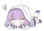  1girl ankle_ribbon atsuko_(blue_archive) black_gloves blue_archive blush boots chibi closed_mouth full_body gloves hood hood_up hooded_jacket jacket kneehighs leg_ribbon leg_up long_sleeves lying neguse1233 on_stomach pout purple_hair ribbon simple_background socks solo white_background white_eyes white_jacket 