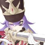  1girl antique_firearm black_headwear chevreuse_(genshin_impact) commentary_request eyepatch genshin_impact gloves gun hair_between_eyes hat highres holding holding_gun holding_weapon long_hair looking_at_viewer mole mole_under_mouth purple_hair qiyue_(shengsheng29296) rifle shako_cap simple_background solo upper_body violet_eyes weapon white_background white_gloves 