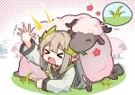  &gt;_&lt; 1girl arknights biting chibi grass green_hair grey_hair greypidjun horns mole mole_under_eye muelsyse_(arknights) multicolored_hair open_mouth reaching sheep solo_focus streaked_hair 