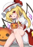  1girl ascot blonde_hair bloomers flandre_scarlet halloween hat highres jack-o&#039;-lantern machimo mob_cap open_mouth red_eyes simple_background sitting solo touhou white_background yellow_ascot 