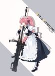  1girl absurdres anti-materiel_rifle apron black_dress black_footwear black_ribbon blunt_bangs breasts character_name copyright_name cup dress drinking frills girls_frontline gun hair_ribbon hand_on_own_hip highres holding holding_cup juliet_sleeves long_hair long_sleeves lyps maid maid_headdress ntw-20 ntw-20_(girls&#039;_frontline) ntw-20_(the_aristocrat_experience)_(girls&#039;_frontline) official_alternate_costume pantyhose pink_eyes pink_hair ponytail puffy_sleeves ribbon rifle sniper_rifle solo very_long_hair weapon white_pantyhose 