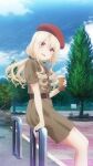  1girl belt blonde_hair blue_sky clouds cloudy_sky cup day dress fate/kaleid_liner_prisma_illya fate_(series) game_cg hair_between_eyes hat headwear_request highres holding holding_cup illyasviel_von_einzbern long_hair official_art open_mouth outdoors red_eyes short_sleeves sidelocks sitting sky solo third-party_source tree 