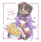  1girl bare_shoulders black_headwear black_necktie bright_pupils chevreuse_(genshin_impact) commentary_request detached_sleeves earmuffs earmuffs_around_neck eyepatch food french_fries genshin_impact gloves hair_between_eyes happy_birthday hat highres holding holding_food long_hair looking_at_viewer mole mole_under_mouth multicolored_hair necktie pigumon pointy_hair puffy_detached_sleeves puffy_sleeves purple_hair shako_cap solo streaked_hair two-tone_hair upper_body very_long_hair violet_eyes white_gloves white_hair white_pupils 