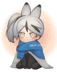  1boy animal_ears black_jacket black_pants blue_scarf cape closed_mouth highres jacket library_of_ruina looking_at_viewer male_focus moribe_denkou pants project_moon rabbit_ears scarf side_ponytail simple_background solo v white_background white_cape white_hair yan_vismok yellow_eyes 