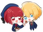  1boy 1girl anamnesis123 arima_kana beret blonde_hair blue_eyes blue_headwear blue_vest bob_cut chibi commission food hat hat_ribbon hoshino_aquamarine inverted_bob open_mouth oshi_no_ko red_eyes redhead ribbon school_uniform short_hair simple_background smile takoyaki upper_body vest white_background youtou_high_school_uniform 