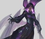  1girl absurdres artist_name dress english_commentary glowing glowing_eyes grey_background hair_between_eyes highres league_of_legends long_hair looking_at_viewer morgana_(league_of_legends) multiple_wings official_alternate_costume parted_lips purple_dress purple_hair purple_wings serious sidelocks simple_background solo standing sumadezs violet_eyes wings 