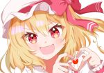 1girl blonde_hair fang flandre_scarlet hat heart heart_hands highres medium_hair mob_cap open_mouth red_eyes simple_background skin_fang solo suzuki_niboshi touhou upper_body white_background 