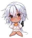  1girl absurdres breast_rest breasts chibi crossed_bangs dark-skinned_female dark_skin food food_on_body food_on_breasts fruit glasses grey_hair hair_between_eyes hands_up highres jewelry kantai_collection large_breasts long_hair long_sleeves looking_at_viewer mandarin_orange mashiro_yukiya multicolored_eyes musashi_(kancolle) musashi_kai_ni_(kancolle) pink_background red_eyes rimless_eyewear ring simple_background solo sweater wedding_ring white_sweater yellow_eyes 