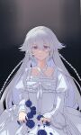  absurdres blue_flower blue_rose cowboy_shot dress expressionless flower highres long_hair looking_at_viewer pandora_hearts rose very_long_hair violet_eyes white_dress white_hair wide_sleeves will_of_the_abyss xiuning233 