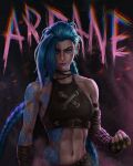  1girl abs absurdres arcane:_league_of_legends arcane_jinx arm_tattoo bare_shoulders blue_eyes blue_hair braid brown_choker character_name choker clenched_hand cloud_tattoo copyright_name crop_top eugenexedge facial_tattoo fingerless_gloves gloves hair_over_face highres jinx_(league_of_legends) league_of_legends long_hair looking_at_viewer navel shoulder_tattoo solo stomach_tattoo tattoo toned twin_braids 