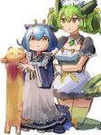  2girls :&lt; animal apron blue_hair cat closed_mouth commentary dragon_girl dress duel_monster feet_out_of_frame frilled_apron frills full_body green_hair green_thighhighs hair_between_eyes hatano_kiyoshi heart highres holding holding_animal holding_cat horns kneeling laundry_dragonmaid long_sleeves longcat_(meme) looking_at_viewer maid melffy_catty meme multicolored_hair multiple_girls parlor_dragonmaid puffy_short_sleeves puffy_sleeves short_hair short_sleeves simple_background smile tail thigh-highs tongue tongue_out two-tone_hair v-shaped_eyebrows white_background wide_sleeves yellow_cat yellow_eyes yu-gi-oh! 