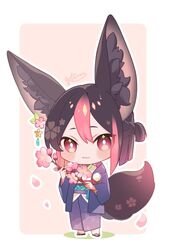  1boy alternate_hair_color animal_ear_fluff animal_ears black_hair cherry_blossoms chibi closed_mouth earrings fox_boy fox_ears genshin_impact green_eyes hair_between_eyes japanese_clothes jewelry kimono long_sleeves looking_at_viewer male_focus multicolored_hair pink_hair rin_gotarou short_hair smile solo streaked_hair tighnari_(genshin_impact) 