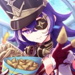  1girl artist_name black_headwear blurry blurry_background bright_pupils bugles_(food) bugles_on_fingers chevreuse_(genshin_impact) commentary_request confetti crossed_bangs detached_collar earmuffs earmuffs_around_neck eyepatch food french_fries genshin_impact gloves gold_trim hair_between_eyes hat holding holding_food long_hair looking_at_viewer manji_taba mole mole_under_mouth multicolored_hair onion_rings pointy_hair purple_hair shako_cap sidelocks signature smile solo streaked_hair two-tone_hair v violet_eyes white_gloves white_hair white_pupils 