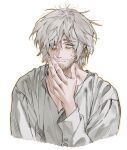  1boy closed_mouth dungeon_meshi facial_hair grey_hair grey_shirt hair_over_one_eye hand_up laios_thorden looking_at_viewer male_focus messy_hair shirt short_hair simple_background solo stubble upper_body wawa_(wawawa0080) white_background yellow_eyes 
