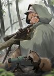  1girl animal animal_ears batta_(kanzume_quality) blonde_hair blue_eyes boots forest fox_ears fox_girl gun hat kitsune_no_oyome-chan nature rain raincoat rifle sniper_rifle spotter_scope water_drop weapon 