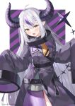  1girl :d absurdres ahoge ascot belt black_belt black_horns black_jacket blush braid fang highres hololive horns jacket la+_darknesss la+_darknesss_(1st_costume) long_hair long_sleeves looking_at_viewer multicolored_hair purple_hair purple_thighhighs single_thighhigh sleeves_past_fingers sleeves_past_wrists smile solo streaked_hair striped_horns thigh-highs twitter_username virtual_youtuber yana_mori yellow_ascot 