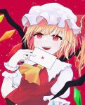  1girl absurdres ascot blonde_hair cowboy_shot crystal flandre_scarlet hat highres letter medium_hair mob_cap moriya4b open_mouth red_background red_eyes red_ribbon ribbon side_ponytail simple_background solo touhou yellow_ascot 