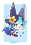  1boy alternate_hair_color animal_ear_fluff animal_ears aqua_eyes aqua_hair black_hair chibi flower fox_boy fox_ears genshin_impact hair_between_eyes hair_flower hair_ornament looking_at_viewer male_focus multicolored_hair necktie open_mouth rin_gotarou shirt short_hair solo streaked_hair tighnari_(genshin_impact) white_shirt 