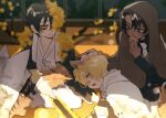  1girl 3boys animal_ears animal_on_lap black_coat black_hair brown_hair cloak closed_mouth coat cookie drifting_fox e.g.o_(project_moon) eating flower food fox fox_ears fox_tail hand_up heathcliff_(project_moon) limbus_company long_sleeves multiple_boys on_lap outis_(project_moon) petting pmchell_04 project_moon sinclair_(project_moon) smile tail violet_eyes white_cloak white_hanbok yellow_eyes yellow_flower yi_sang_(project_moon) 