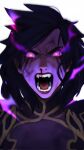  1girl angry blood colored_sclera fangs highres league_of_legends long_hair medium_hair morgana_(league_of_legends) nosebleed open_mouth pink_eyes portrait purple_hair purple_sclera simple_background skxtching_(veegoesgrr) solo tears teeth tongue white_background 