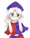 :o blue_dress blue_headwear constellation_print cross dress grey_eyes hands_up hat long_hair looking_to_the_side nonamejd nurse_cap official_style pince-nez red_cross red_dress simple_background solo two-tone_dress white_background white_hair