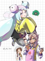  1boy 2girls :q absurdres apron arven_(pokemon) bellibolt boots bow-shaped_hair character_hair_ornament collared_shirt commentary_request eating floral_print food green_eyes green_hair grey_footwear grid_background hair_ornament hair_over_one_eye hat highres holding holding_food iono_(pokemon) jacket jayj_824 juliana_(pokemon) long_hair long_sleeves multicolored_hair multiple_girls necktie pantyhose pink_apron pink_eyes pink_hair pokemon pokemon_sv sandwich shirt single_leg_pantyhose sleeves_past_fingers sleeves_past_wrists thigh_strap tongue tongue_out twintails twitter_username two-tone_hair vest yellow_jacket yellow_vest 