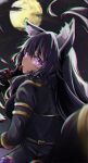  1girl absurdres animal_ear_fluff animal_ears belt black_gloves black_hair black_jacket blood blood_on_clothes blood_on_hands breasts chromatic_aberration clouds cloudy_sky commentary_request delta_(kage_no_jitsuryokusha_ni_naritakute!) facial_mark full_moon fur-trimmed_gloves fur-trimmed_jacket fur_trim gem gloves glowing glowing_eyes gold_trim hair_between_eyes highres jacket kage_no_jitsuryokusha_ni_naritakute! kamisu_yu long_hair long_sleeves looking_at_viewer looking_back medium_breasts moon night night_sky outdoors purple_gemstone sidelocks sky slit_pupils solo star_(sky) tail tongue tongue_out upper_body variant_set violet_eyes wolf_ears wolf_girl wolf_tail 