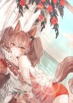  1girl angelina_(arknights) animal_ears arknights beach flower fox_ears fox_girl fox_tail hair_ribbon highres jiru_(6pp_ab) looking_at_viewer lying on_stomach red_eyes redhead ribbon solo tail 