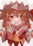  1girl absurdres ascot blonde_hair blood blood_on_face cowboy_shot crying crystal dress flandre_scarlet hat highres medium_hair mob_cap open_mouth pointy_ears red_eyes simple_background solo tears touhou user_pxaw4585 white_background yellow_ascot 