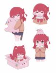  &gt;_&lt; 2girls animal_ear_fluff animal_ears animalization blush bocchi_the_rock! bow bowtie box cat_ears cat_girl cat_tail chibi cropped_feet cube_hair_ornament gotoh_hitori gotoh_hitori_(octopus) hair_ornament highres hug in_box in_container kita_ikuyo multiple_girls multiple_views one_side_up red_bow red_bowtie redhead school_uniform shuka_high_school_uniform side_ahoge sidelocks tail tearing_up white_background yomogidx 