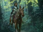  1boy armor breastplate brown_hair cape day english_commentary eriopsis forest full_armor gauntlets greaves holding holding_reins horse horseback_riding medium_hair nature original outdoors plant reins riding sabaton tree 