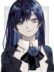  ado_(utaite) akabaresithaata black_bow black_bowtie black_coat blue_eyes blue_flower blue_hair blue_rose bow bowtie chando_(ado) closed_mouth cloud_nine_inc coat collared_shirt colored_inner_hair commentary_request dark_blue_hair flower flower_brooch heterochromia long_hair looking_at_viewer mole mole_under_eye multicolored_hair outline rose shirt sidelocks two-tone_hair upper_body utaite white_background white_outline white_shirt 