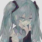  1girl anal_bb aqua_eyes aqua_hair blurry collared_shirt hair_ornament hatsune_miku highres middle_finger shirt solo twintails vocaloid 