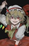  1girl ascot blonde_hair blood blood_on_knife cowboy_shot crystal flandre_scarlet hat highres holding holding_knife knife looking_at_viewer medium_hair mob_cap open_mouth red_eyes smirk solo sweat touhou user_nygk4727 yellow_ascot 