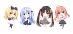  4girls :d ahoge aria_(utsumire) black_bow black_dress black_hair black_pantyhose black_skirt black_thighhighs blonde_hair blue_eyes blue_hair blush bow chibi closed_mouth colored_inner_hair commentary_request dress eyes_visible_through_hair flower green_eyes grey_skirt hair_between_eyes hair_bow hair_flower hair_ornament hair_ribbon hand_up happy high-waist_skirt holding holding_pen iroha_(utsumire) kneehighs long_hair long_sleeves looking_at_viewer low_twintails multicolored_hair multiple_girls neck_ribbon open_mouth original outstretched_arms pantyhose pen pink_hair red_eyes red_ribbon ribbon sakura_(utsumire) shirt short_twintails side-by-side simple_background skirt skirt_hold sleeveless sleeveless_dress smile socks standing standing_on_one_leg thigh-highs twintails utsunomiya_tsumire very_long_hair waving white_background white_dress white_flower white_shirt white_socks yellow_flower yuki_(utsumire) zettai_ryouiki 