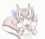  1girl animal_ears brown_eyes brown_hair chipmunk_ears chipmunk_girl chipmunk_tail extra_ears gloves kemono_friends kemono_friends_v_project kuromitsu_(9633_kmfr) looking_at_viewer microphone ribbon shirt short_hair siberian_chipmunk_(kemono_friends) simple_background solo tail tongue upper_body v vest virtual_youtuber 