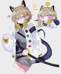  1girl absurdres animal_ears arknights cat_ears cat_girl cat_tail character_request chibi cowboy_shot grey_hair highres jacket katana odmised simple_background smile solo sparkle sword tail violet_eyes weapon white_background white_jacket 