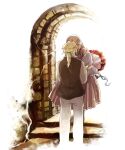  1boy 1girl arch black_vest blonde_hair bouquet bow dress flower frilled_shawl frills green_bow husband_and_wife oscar_vessalius pandora_hearts pink_dress ponytail red_flower red_rose rose sepia shawl shirt standing vest wavily white_shirt 