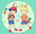  0mzum1 2boys :d ;d animal_ears aqua_background arm_up backpack bag baseball_cap basket black_hair blonde_hair blue_eyes blue_shirt blue_shorts blush blush_stickers brown_bag carrot circle commentary_request flower_(symbol) food green_background halftone hat highres holding holding_basket holding_food holding_hands looking_at_viewer lucas_(mother_3) male_focus mother_(game) mother_2 mother_3 multiple_boys ness_(mother_2) one_eye_closed open_mouth quiff rabbit_ears red_footwear red_headwear red_shirt shirt shoes short_hair short_sleeves shorts sideways_hat simple_background smile socks square striped_clothes striped_shirt t-shirt triangle two-tone_shirt violet_eyes white_socks yellow_shirt 