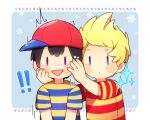  ! !! 0mzum1 2boys :d :o ^^^ baseball_cap black_hair blonde_hair blue_background blue_eyes blue_shirt blush blush_stickers border commentary_request hands_on_another&#039;s_face hands_up hat looking_at_another looking_at_viewer lucas_(mother_3) male_focus mother_(game) mother_2 mother_3 multiple_boys ness_(mother_2) open_mouth outside_border quiff red_headwear red_shirt shirt short_hair short_sleeves sideways_hat simple_background smile snowflakes sparkle striped_clothes striped_shirt t-shirt two-tone_shirt upper_body violet_eyes white_border yellow_shirt 